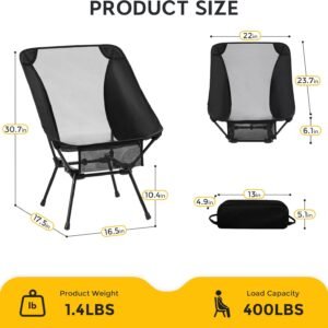aluminum camping chair with storage bag, 400lb capacity, roomier & compact folding chairs for adults, lightweight & portable for backpacking, camping, fishing, hiking