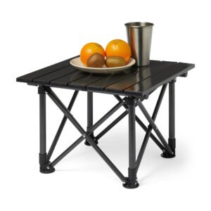 basics camping table, made of alloy steel and aluminum, small, folding, camping essentials, black
